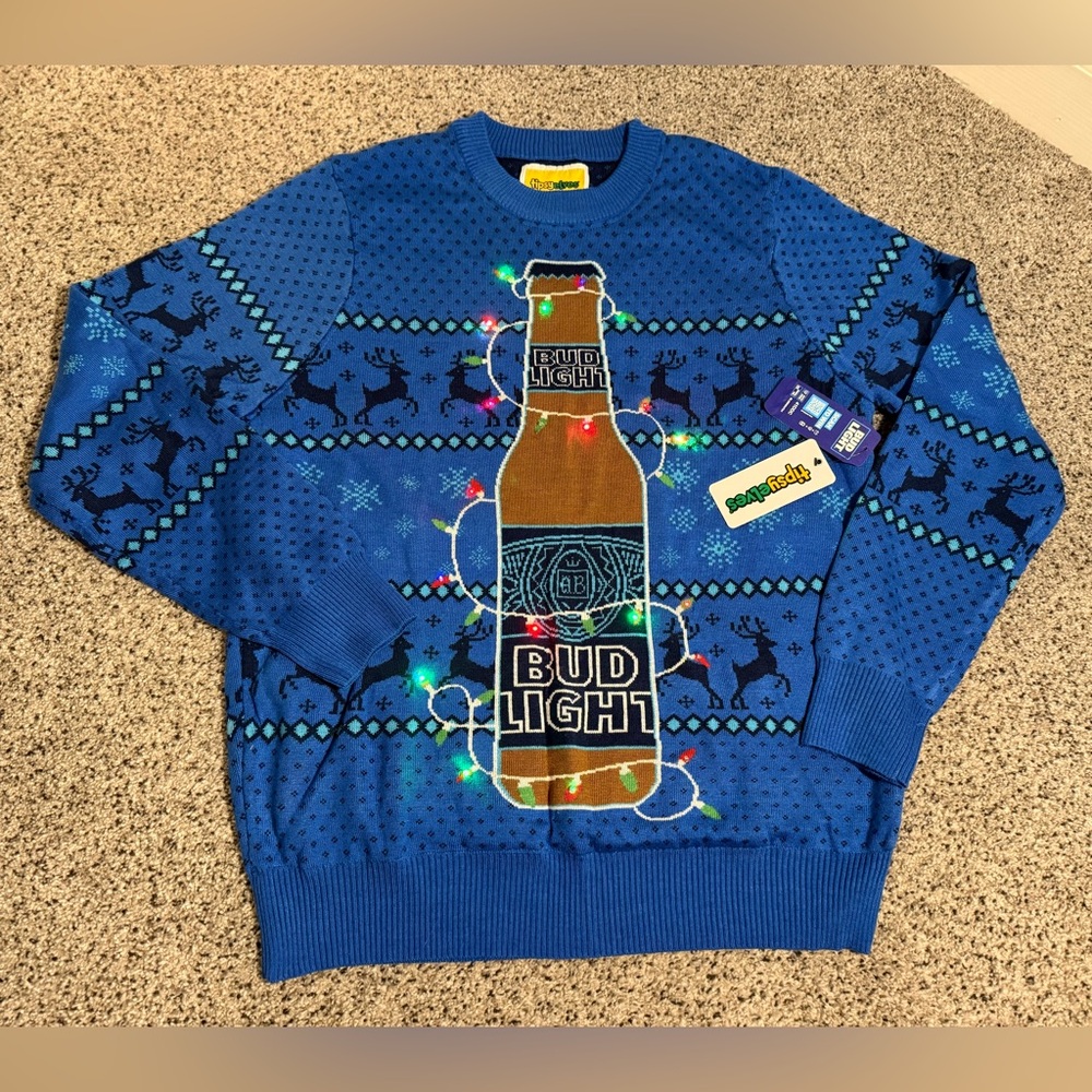 NWT Tipsy Elves Men’s Bud Light Beer Light-Up Ugly Holiday Christmas Sweater XL